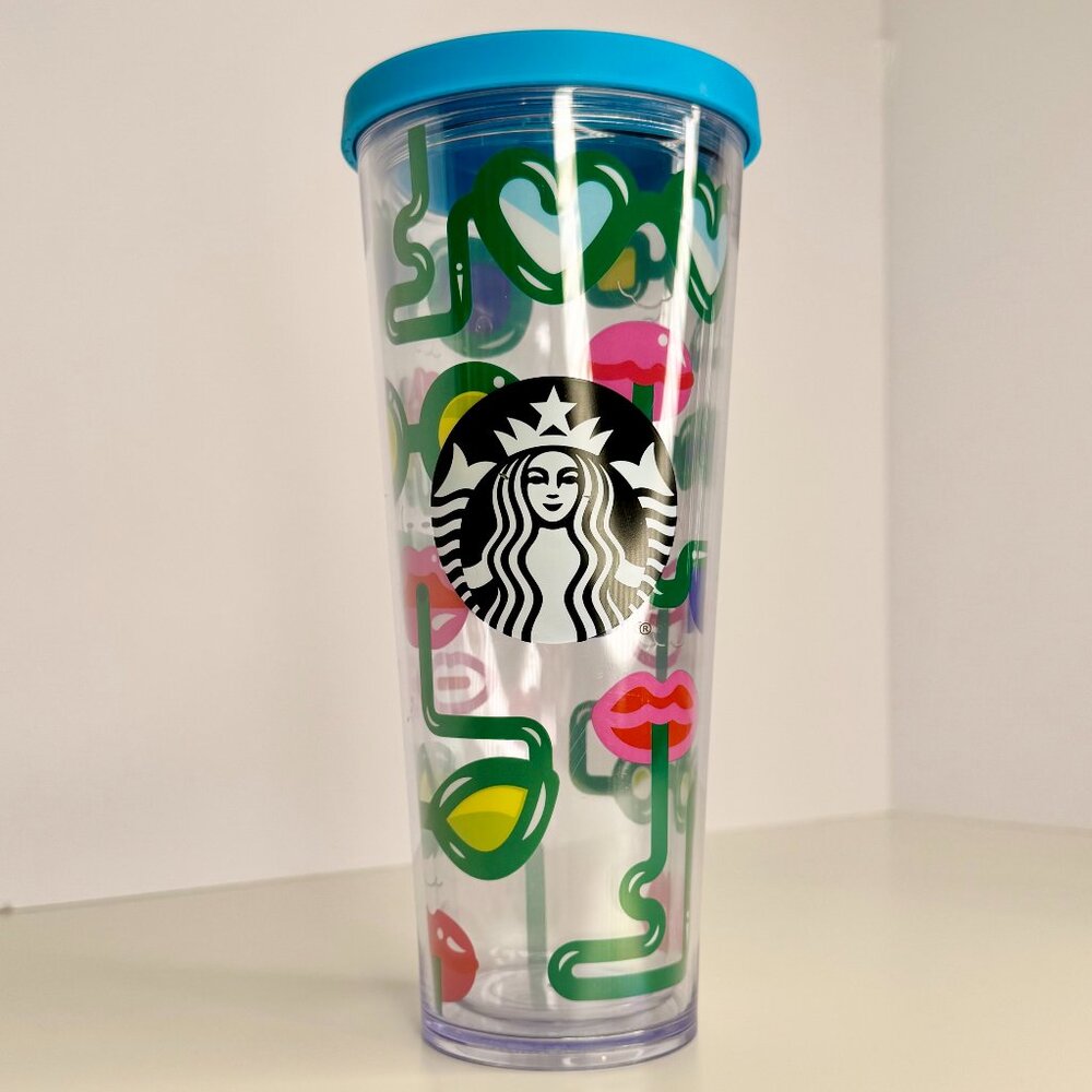 2014 STARBUCKS 24 OZ HEART LIPS GLASSES TUMBLER COLD CUP‎ VENTI Blue Lid